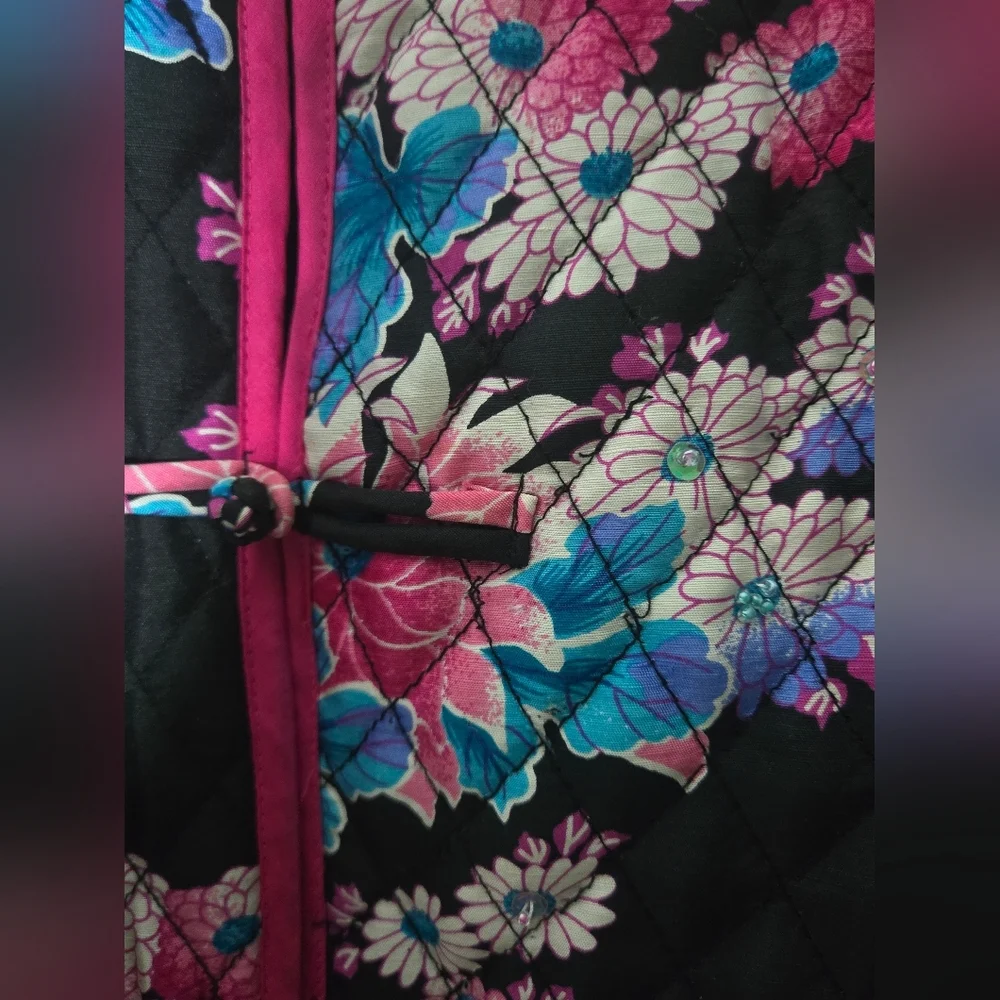 SilkLand Vibrant Floral Silk Coat, Beading, Artsy, Asain, Size XL - Picture 7 of 9